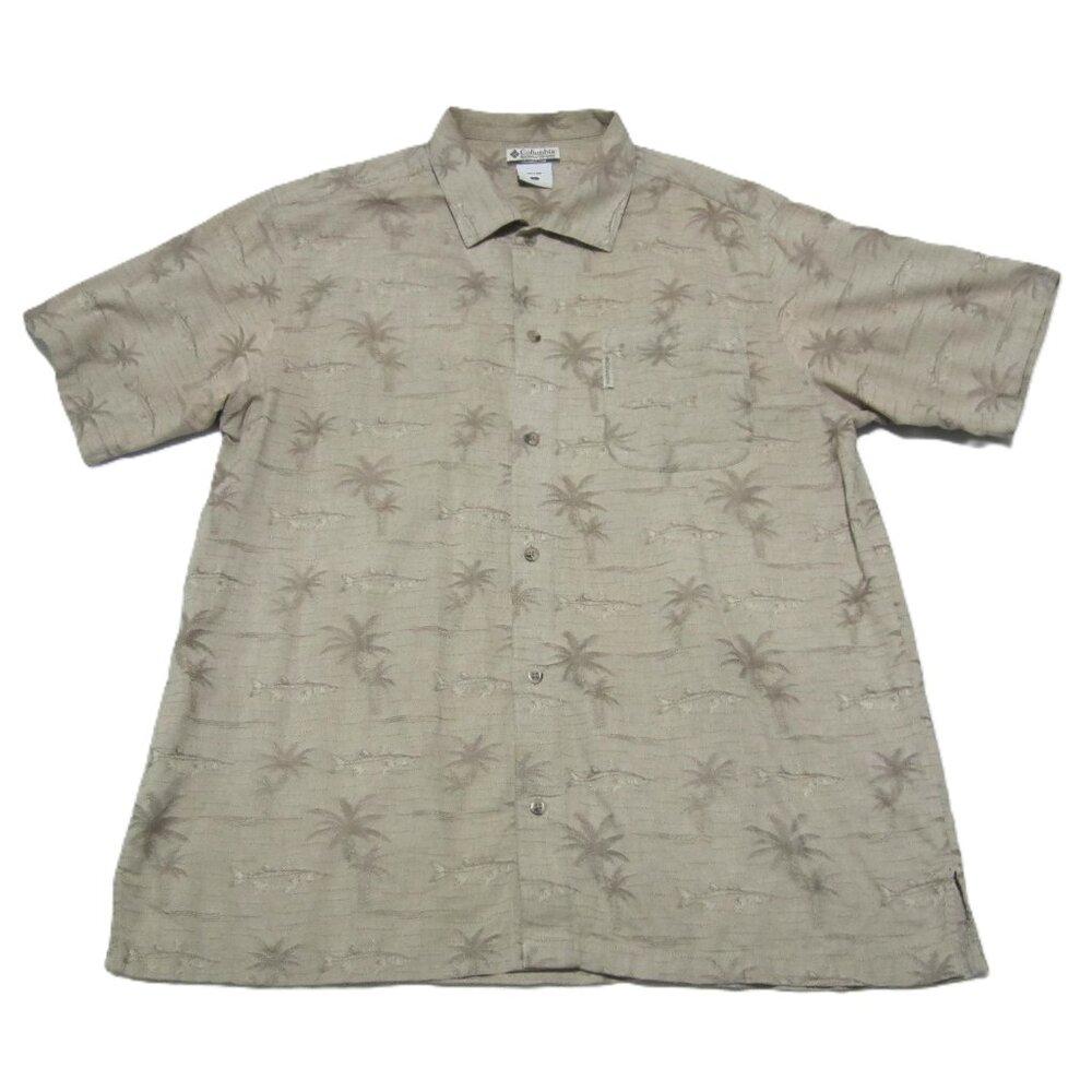 Columbia shirt Mens Large Tan Hawaiian Palm trees fish short sleeve Button up